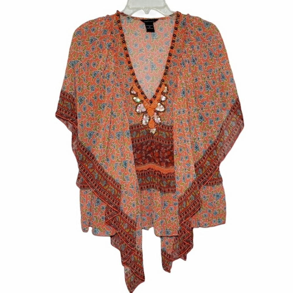 BOHO Embellished V Neck Flutter Sleeve Sheer Top Size M